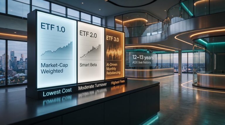 Three-generation ETF evolution display — ETF 1.0, 2.0, and AI-driven 3.0 on ASX trading floor panels