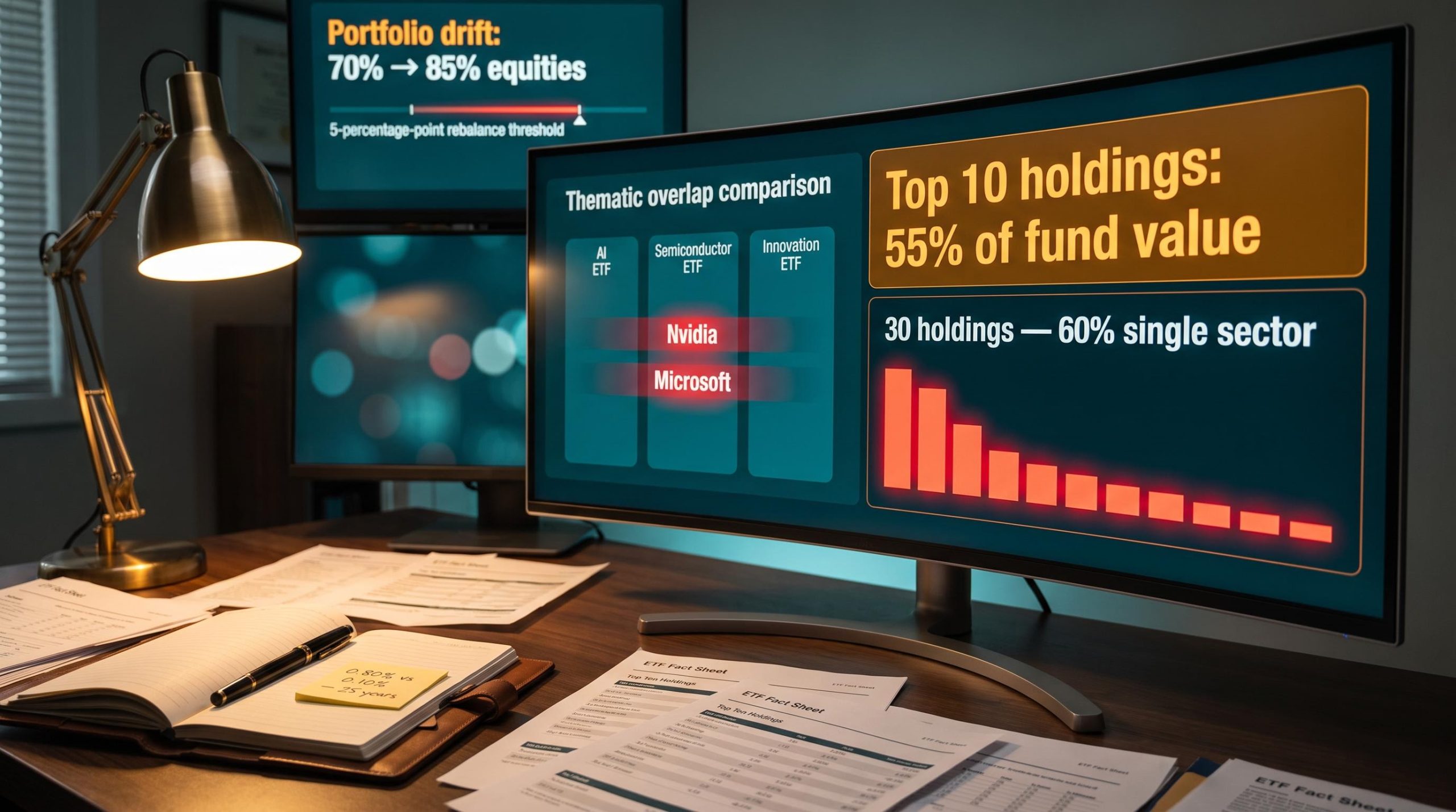 ETF portfolio review screens showing concentration data, overlap flags, and drift alerts — common ETF portfolio mistakes visualised