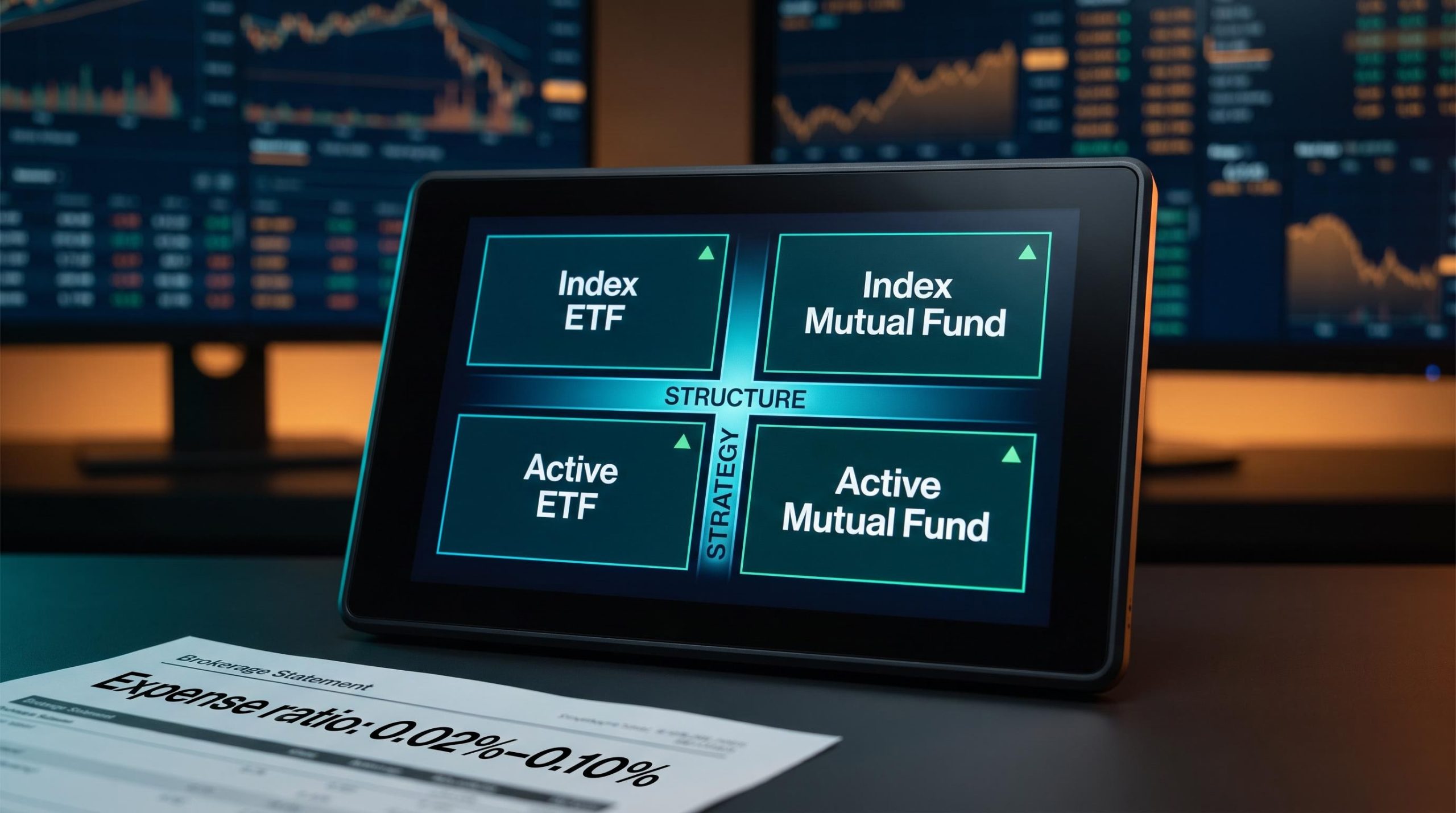 ETF vs mutual fund vs index fund 2x2 strategy-structure grid on trading terminal with expense ratio data