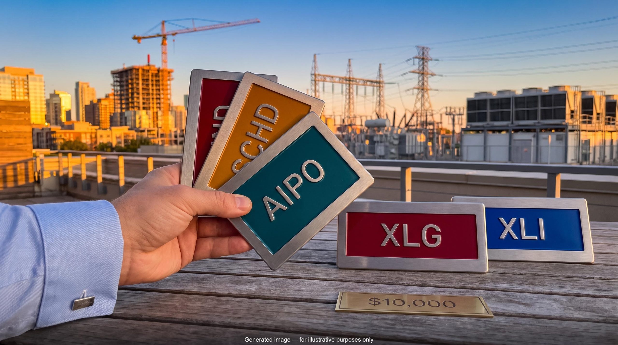 Four ETF ticker placards with AIPO in focus against an industrial skyline, framing ETFs for Q4 2026 by portfolio role