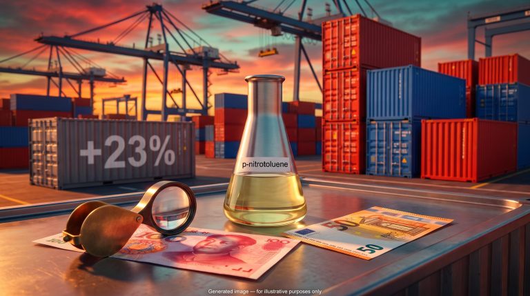 Euro and yuan notes beside a p-nitrotoluene flask on a port container deck, symbolising EU-China trade war currency impact