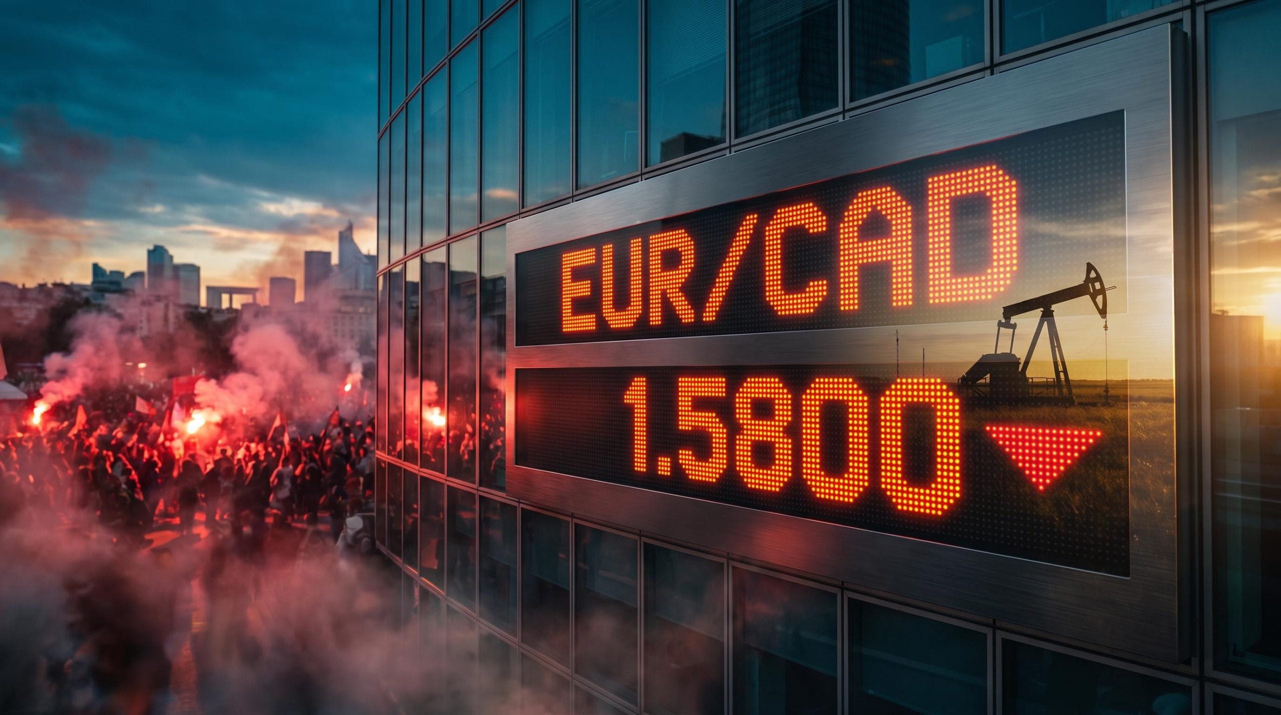 EUR/CAD forecast: LED board showing 1.5800 over Paris protest flares as oil and euro unrest pull the pair in opposite directions