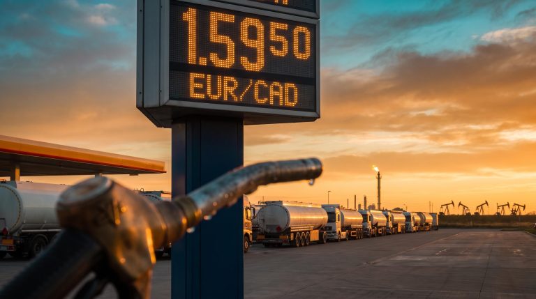 Fuel-price totem showing 1.5950 at a German petrol station at sunset, illustrating the EUR/CAD forecast amid oil and inflation