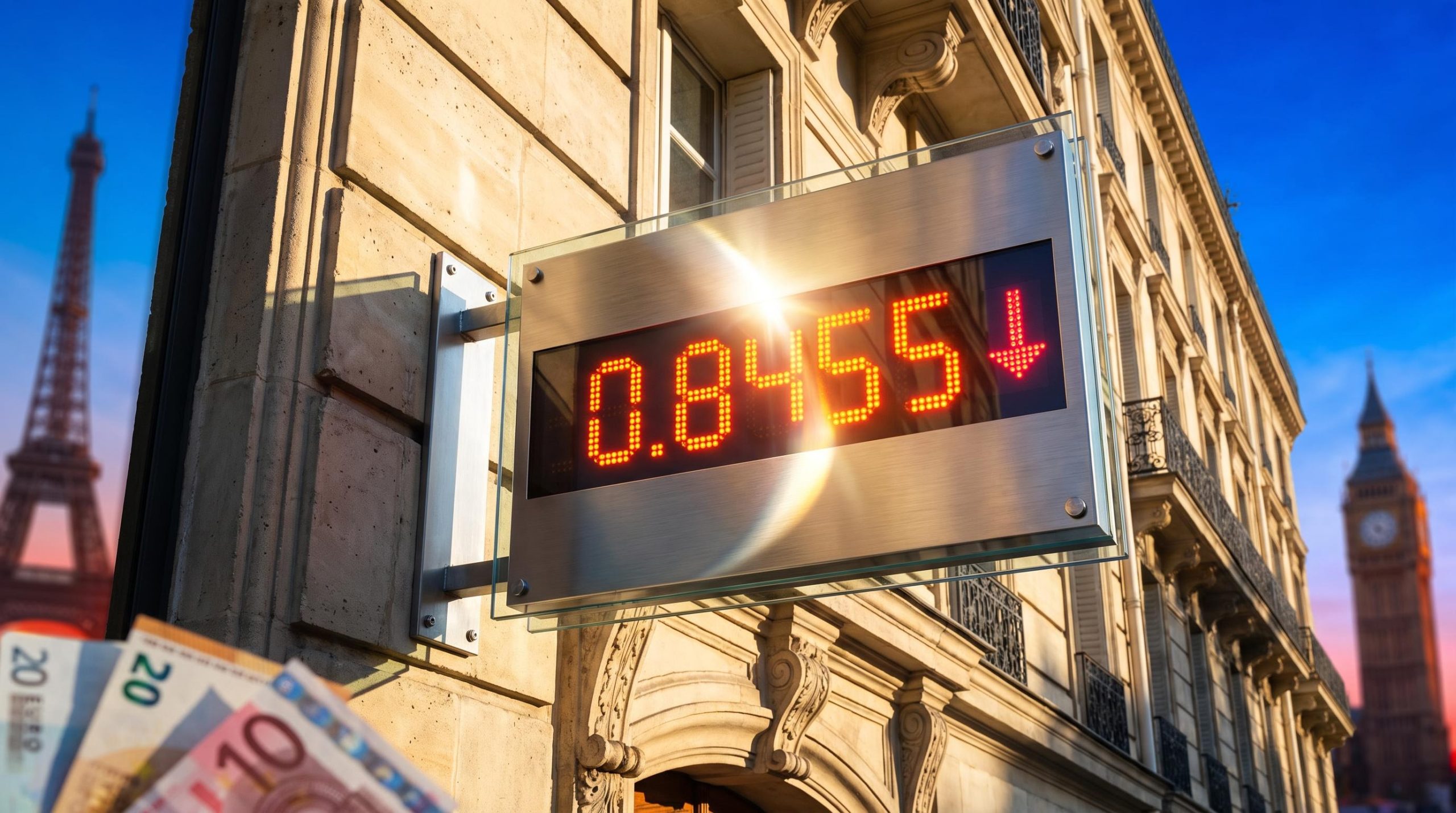 EUR/GBP forecast: exchange board showing 0.8455 support level between Paris and London skylines at sunset