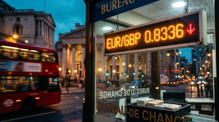 London currency exchange board showing EUR/GBP 0.8336 with a falling arrow as the euro hits a 19-month low ahead of the BoE