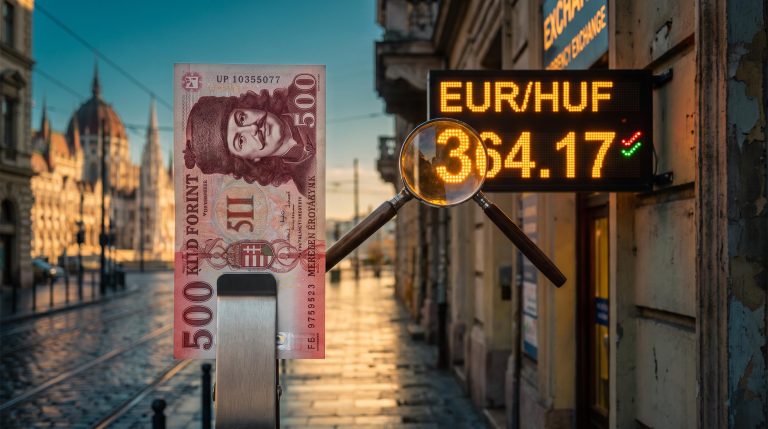 EUR/HUF forecast: magnified exchange board showing 364.17 beside a Hungarian forint banknote with Budapest Parliament behind