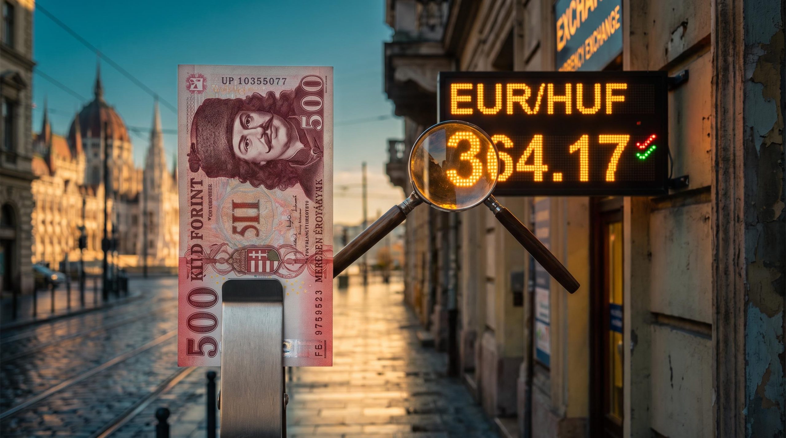 EUR/HUF forecast: magnified exchange board showing 364.17 beside a Hungarian forint banknote with Budapest Parliament behind