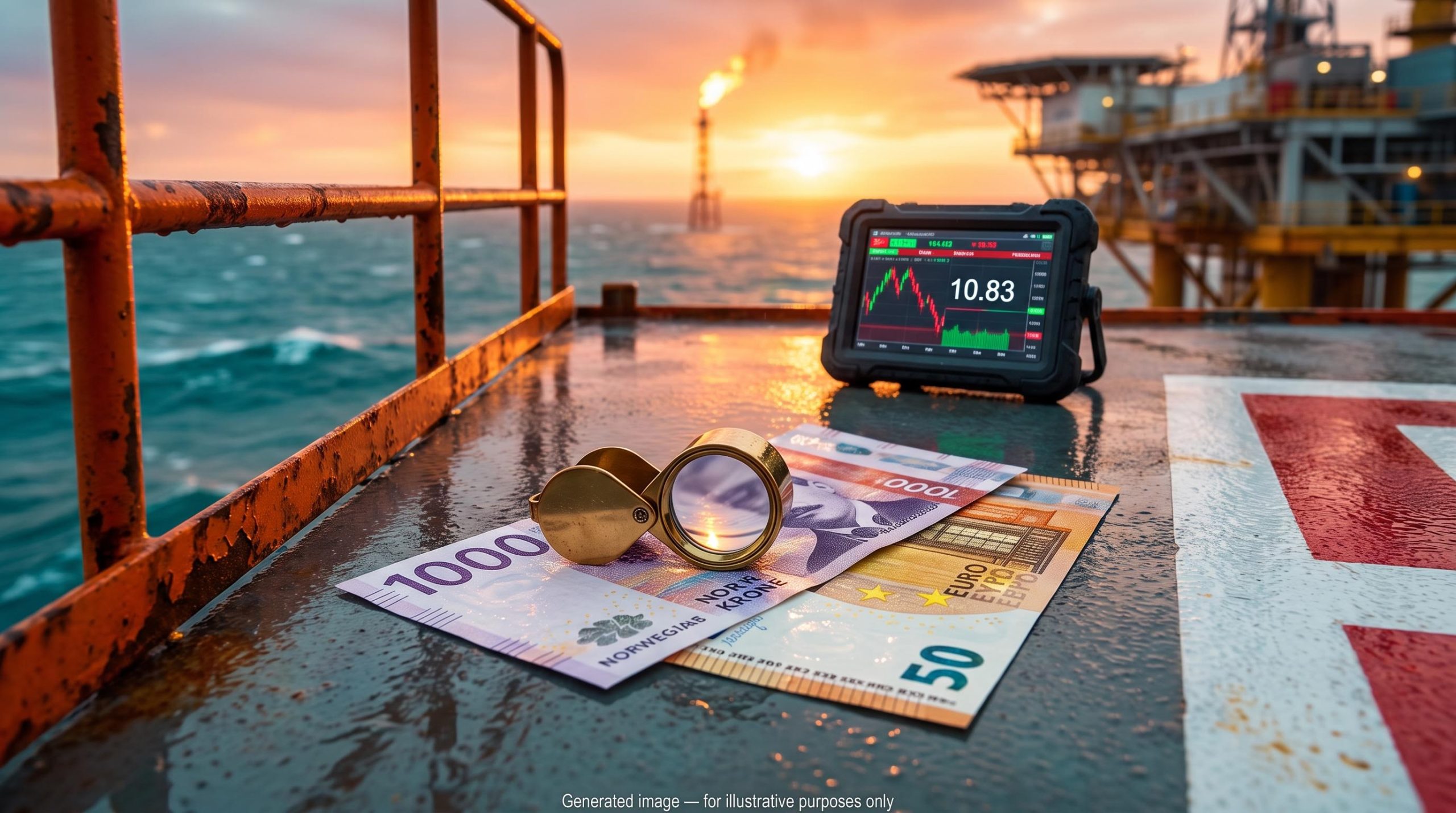 EUR/NOK forecast: loupe over a Norwegian krone note beside a euro note on an oil platform deck at sunset, screen showing 10.83