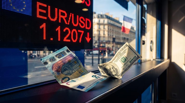 Torn euro and dollar banknotes before a rate board showing EUR/USD 1.1207, illustrating the EUR/USD decline in Paris