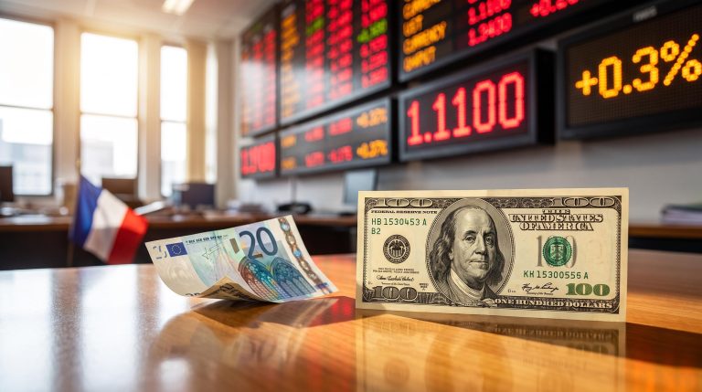 EUR/USD forecast: sagging euro note beside crisp dollar note on a trading desk as red screens show 1.1100