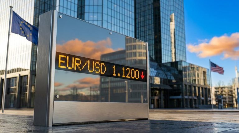 EUR/USD forecast: exchange board showing 1.1200 with a red down arrow against the Frankfurt skyline and EU and US flags