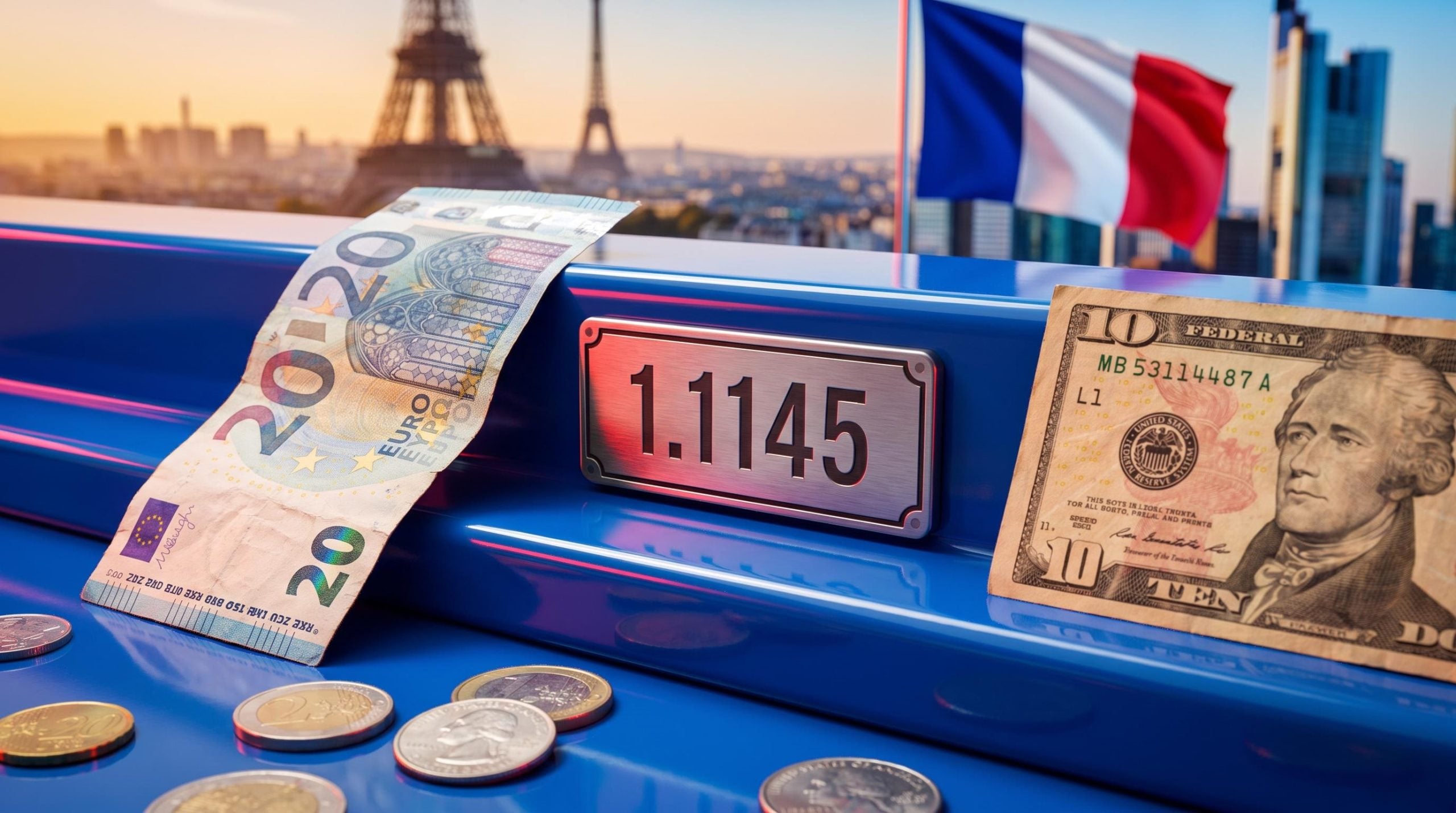 Euro banknote slipping beside a steady dollar note with 1.1145 etched on a plate, illustrating the EUR/USD forecast
