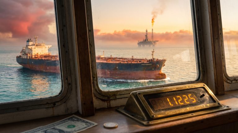 EUR/USD forecast: oil tanker near Hormuz at sunset with 1.1225 euro-dollar rate on a ship's display