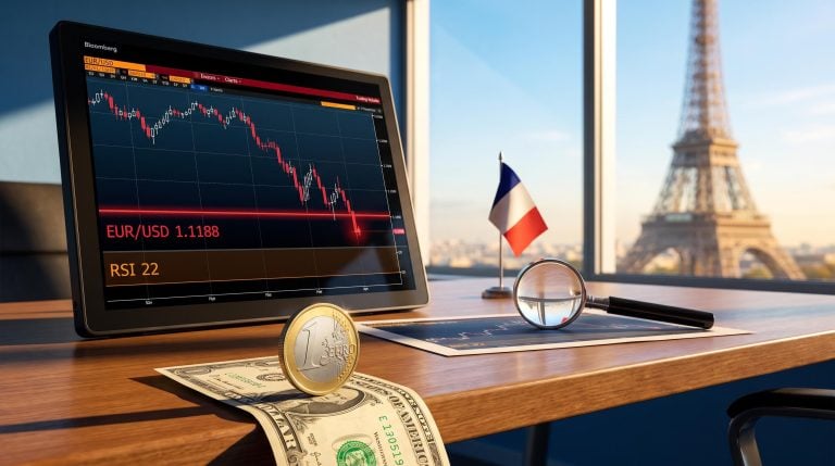 EUR USD outlook: euro coin slipping off a dollar bill beside a terminal showing EUR/USD 1.1188 and RSI 22 in Paris
