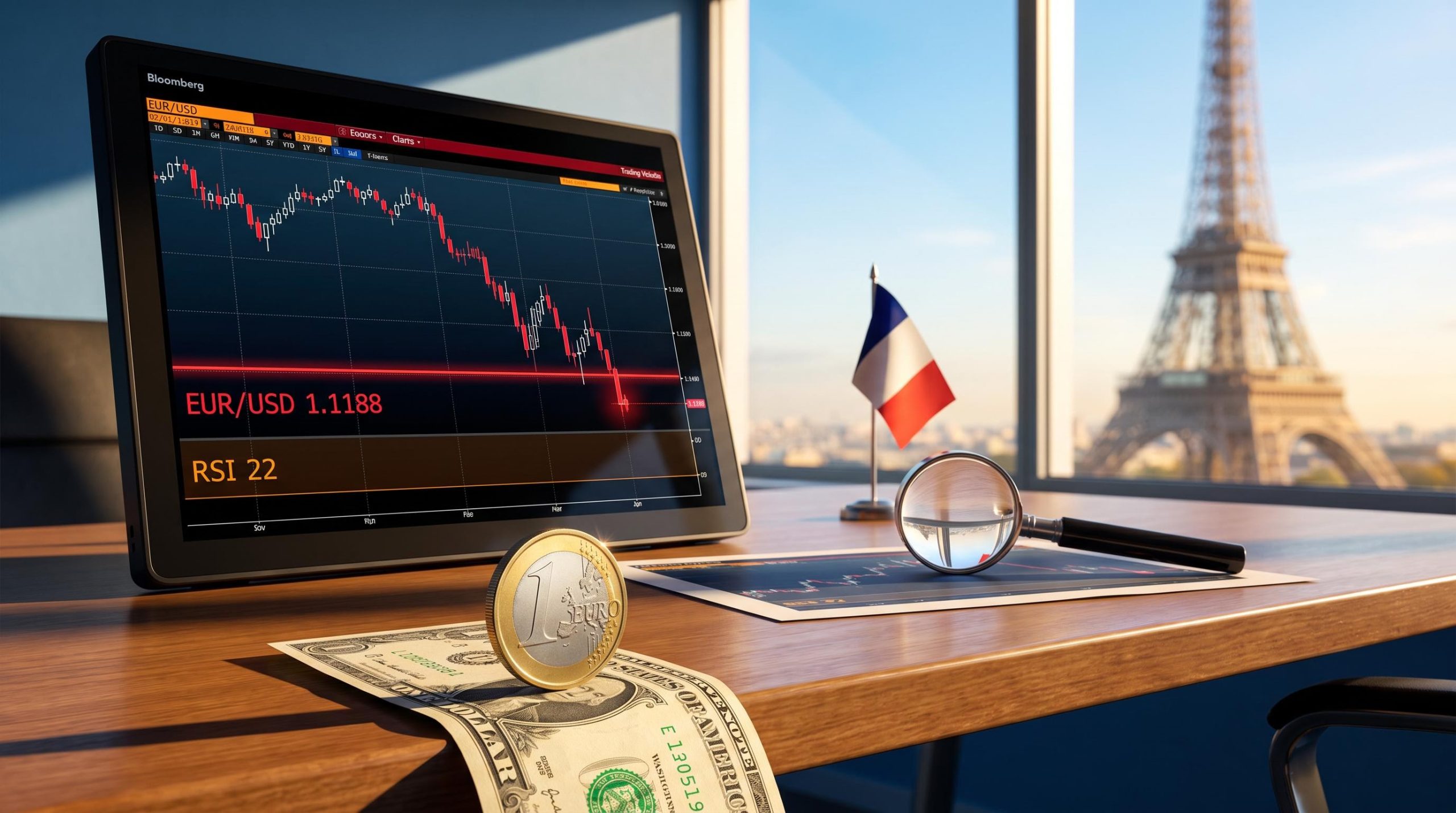 EUR USD outlook: euro coin slipping off a dollar bill beside a terminal showing EUR/USD 1.1188 and RSI 22 in Paris