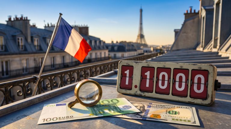 EUR/USD outlook: euro and dollar notes with a split-flap board showing 1.1000 against a Paris skyline amid French fiscal risk