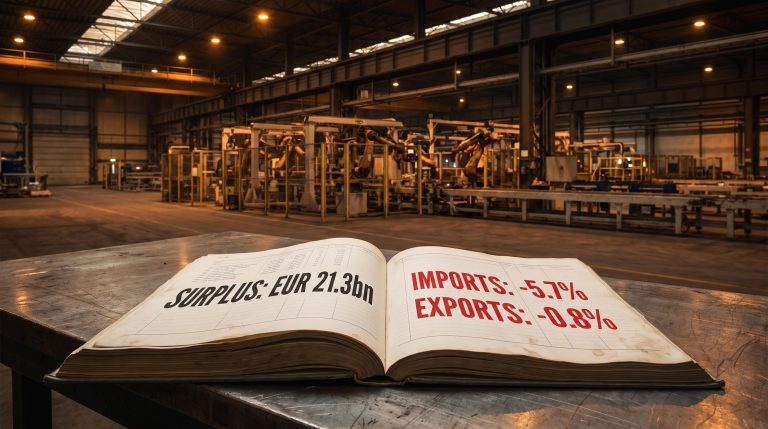 German factory floor with trade ledger showing EUR 21.3bn surplus against -5.7% import collapse, EUR/GBP analysis