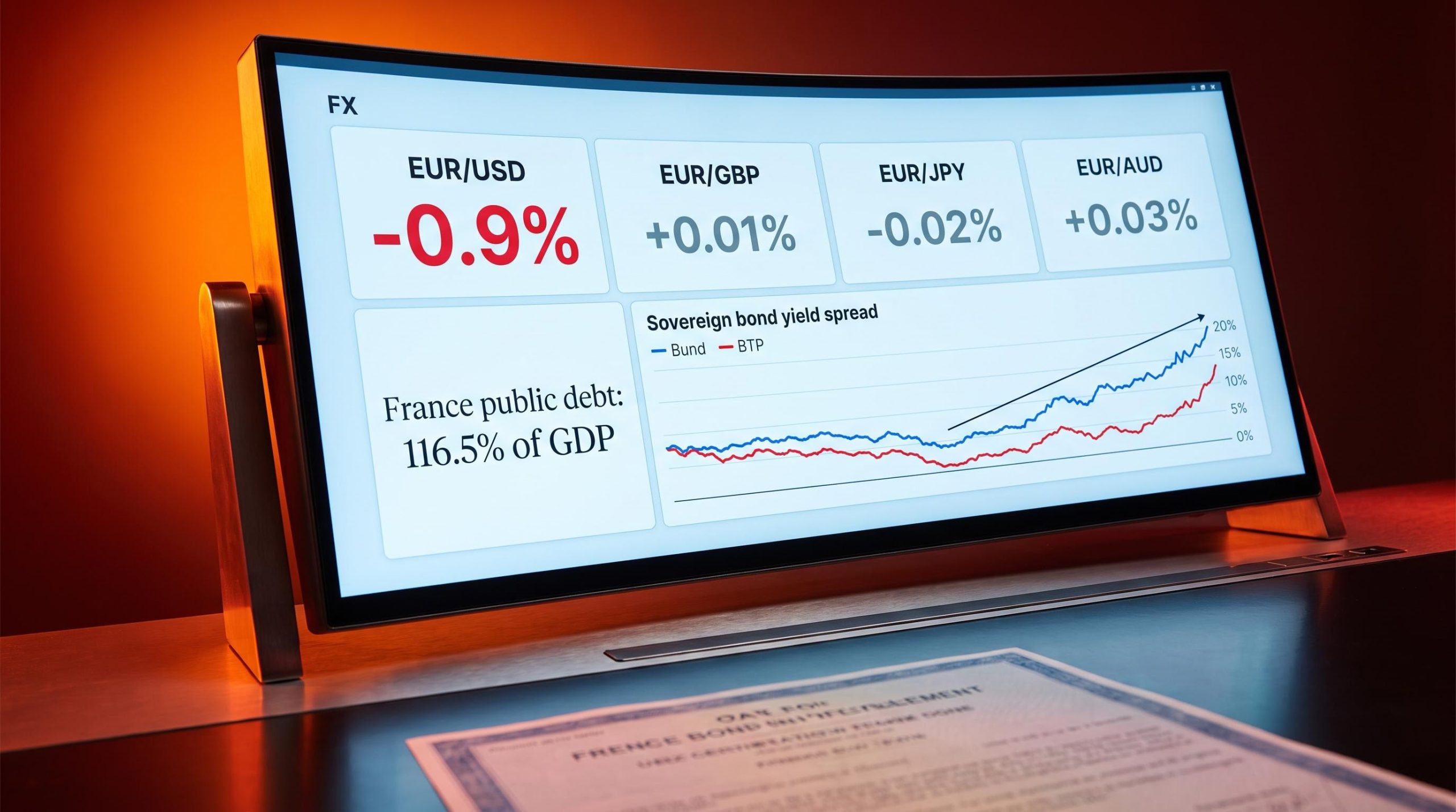 Trading terminal showing EUR/USD falling -0.9% while EUR/GBP and EUR/JPY hold flat, illustrating isolated euro currency risk
