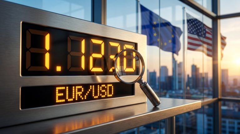 EUR/USD board showing 1.1230 under a loupe, framing a euro dollar forecast after Warsh's silence and French bond stress