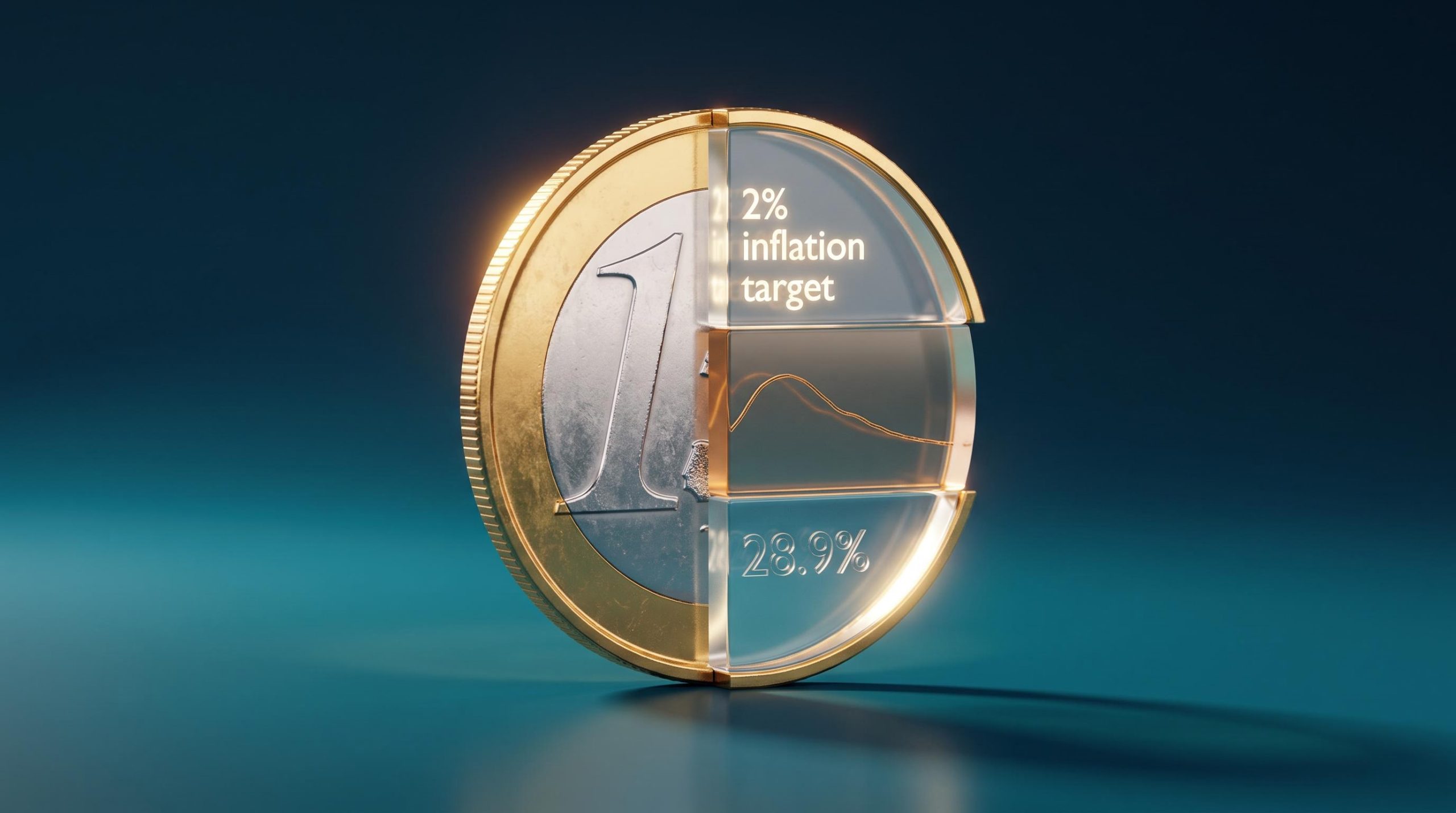 Cross-sectioned Euro coin revealing internal analytical layers including a 28.9% BIS figure — euro valuation framework