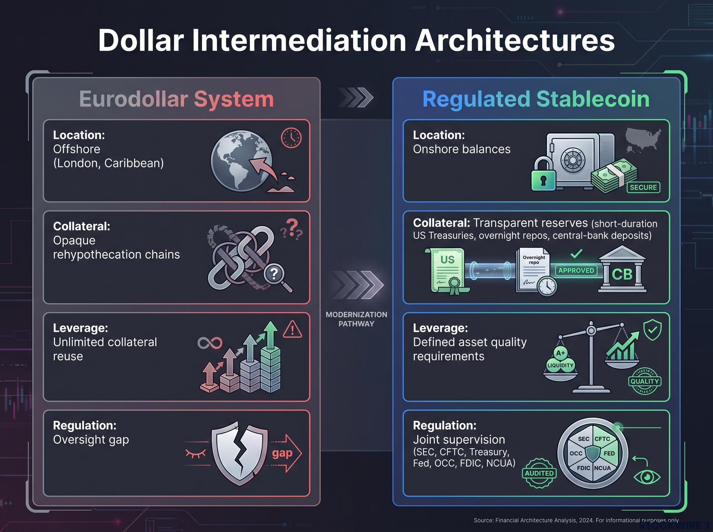 System Architecture: Eurodollar vs. Regulated Stablecoin