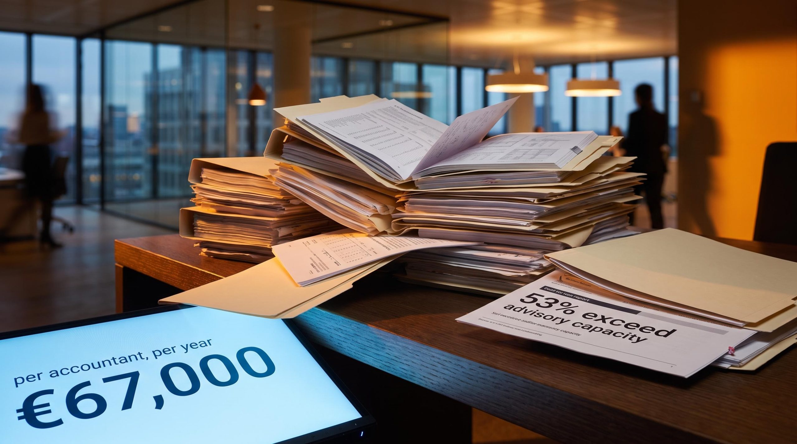 Overflowing advisory client folders on a desk with €67,000 annual capacity loss displayed — European accounting firm advisory gap