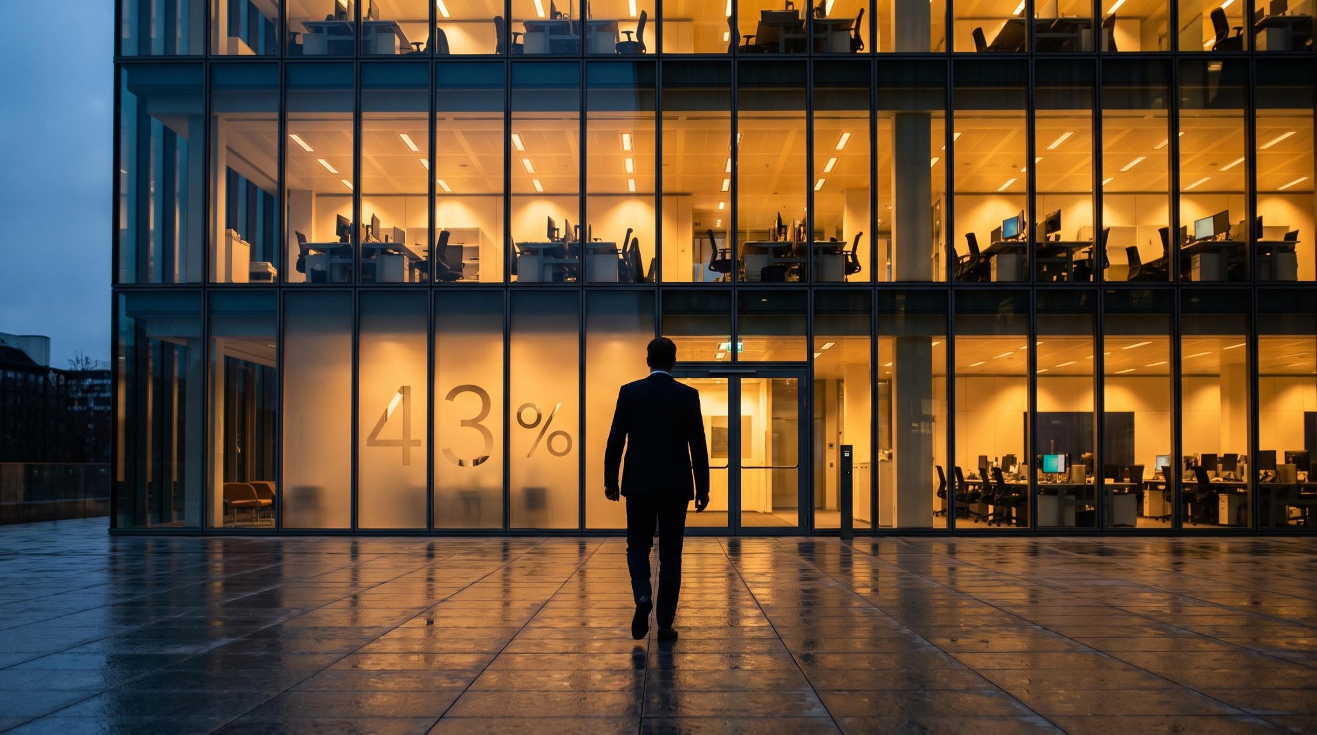 Professional walking out of a glass-walled European office, 43% exit-intent figure etched on the facade — accounting talent crisis