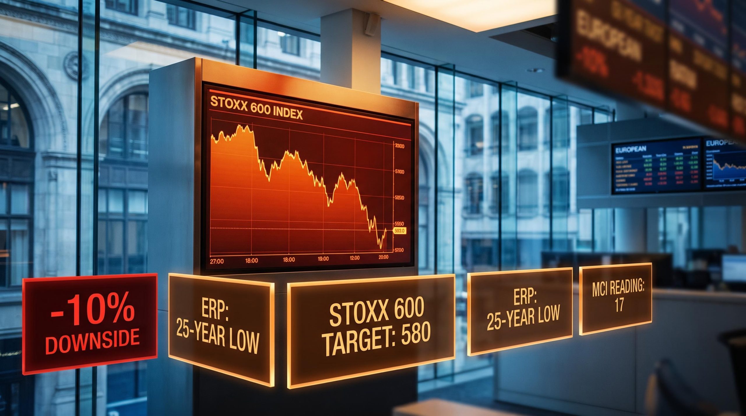 STOXX 600 target 580 on European dealing room screen with ERP 25-year low and MCI danger zone data