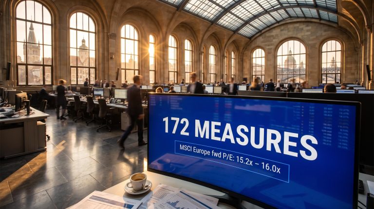 European trading floor terminal showing 172 EU trade measures and MSCI Europe forward P/E range amid Citi re-rating debate