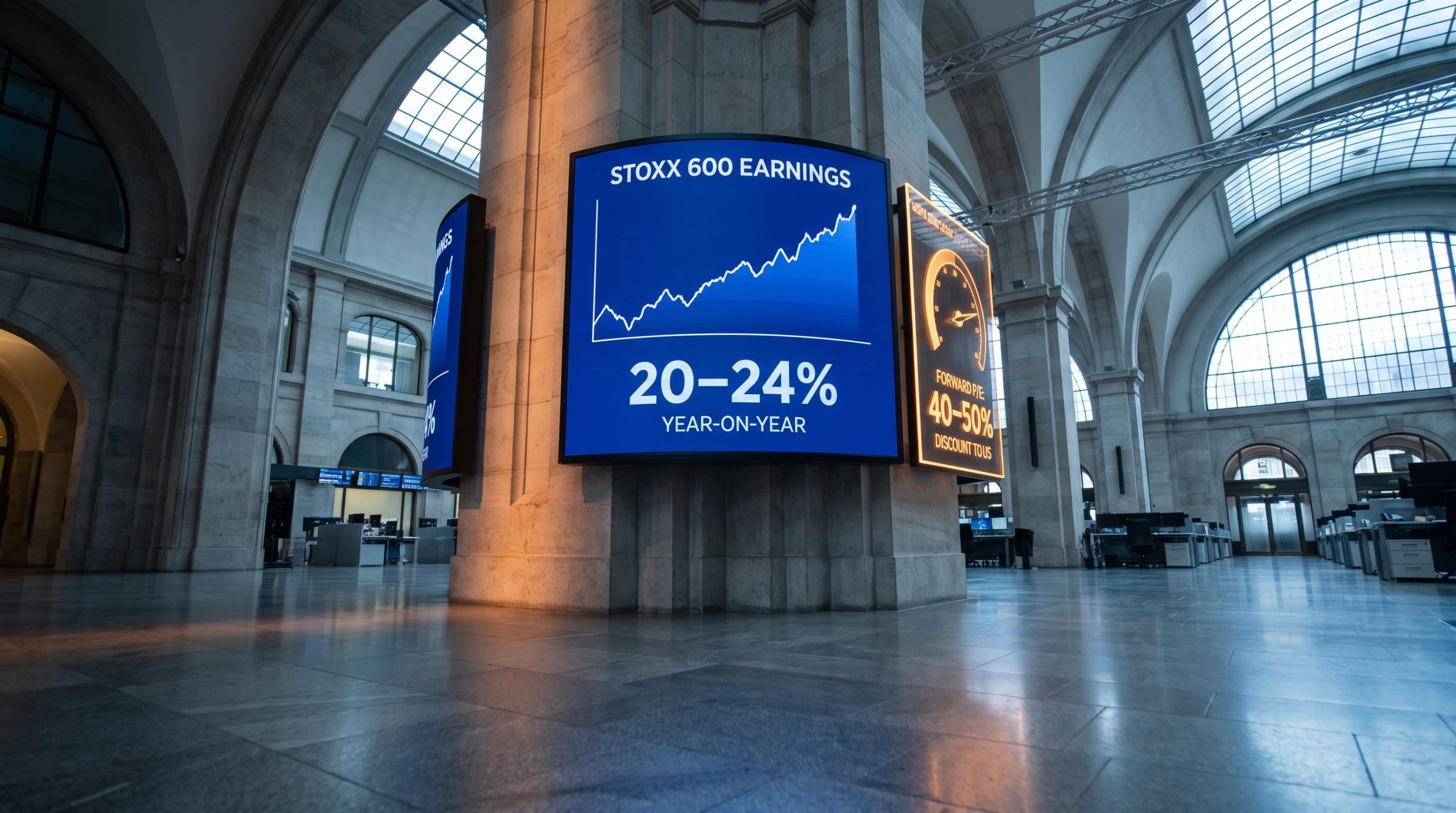 STOXX 600 earnings display showing 20–24% growth against a 40–50% US valuation discount amid European investor sentiment gap