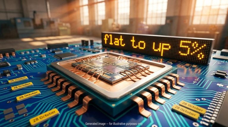 Power semiconductor chip with amber 'flat to up 5%' pricing panel as European semiconductor earnings season begins