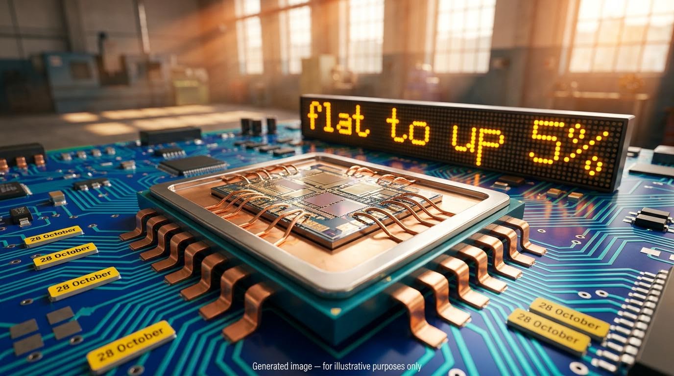 Power semiconductor chip with amber 'flat to up 5%' pricing panel as European semiconductor earnings season begins