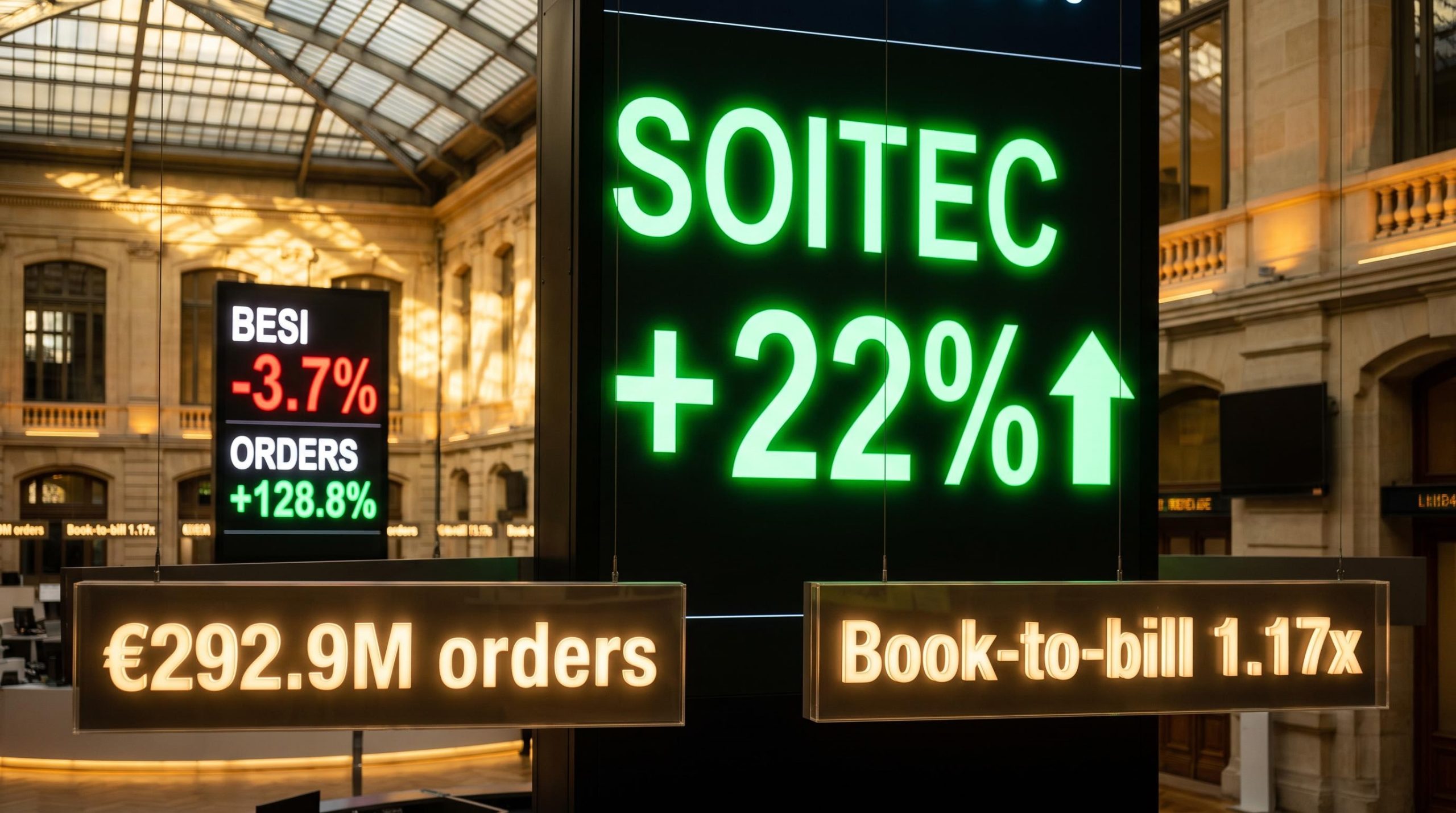 Soitec 22% surge vs BESI -3.7% on European semiconductor trading board, July 23 2026 split session