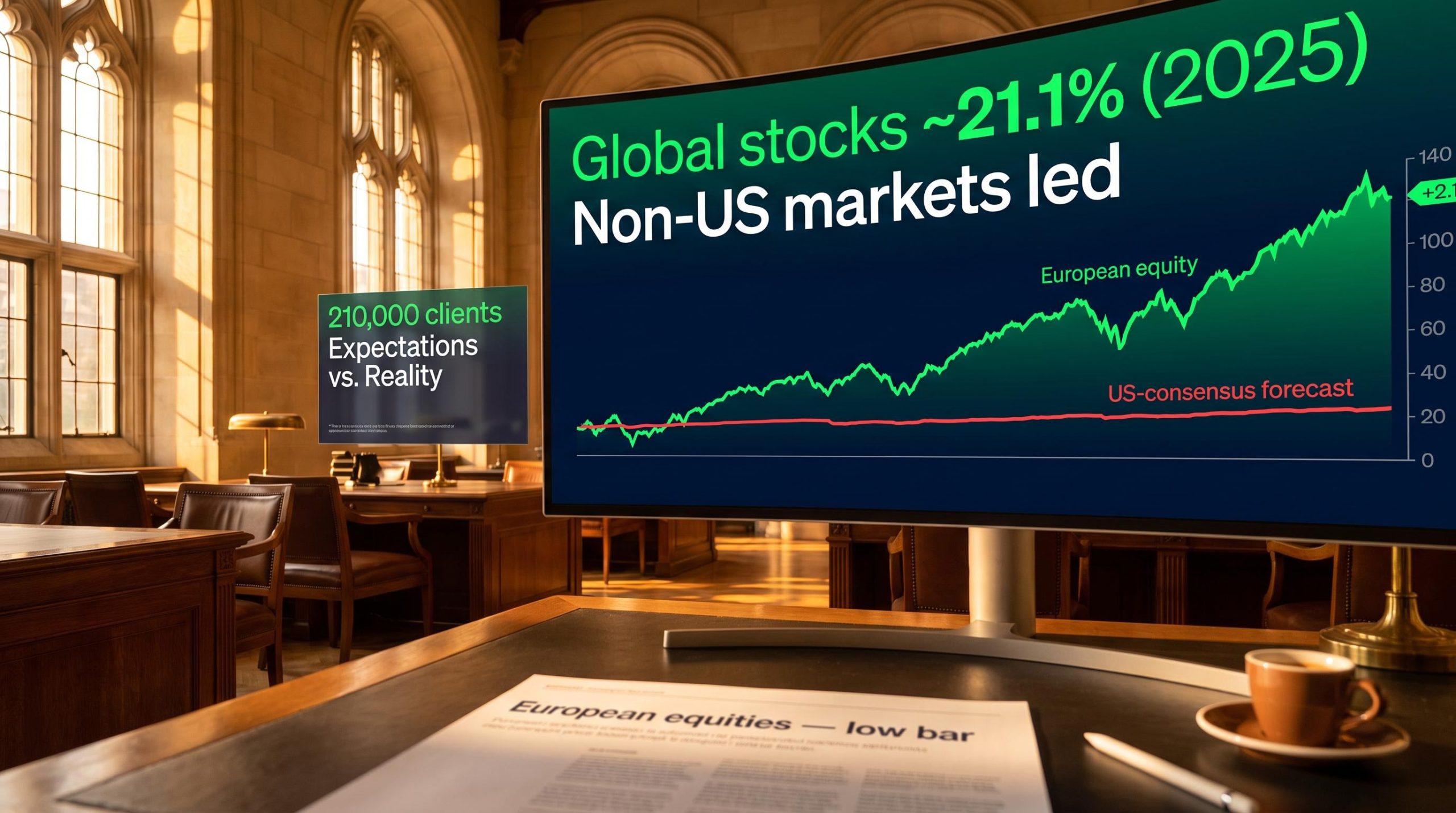 European equity market screen showing 21.1% 2025 global returns, framed by Fisher's expectations-vs-reality analysis lens