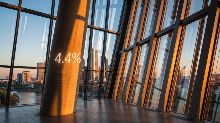 ECB Frankfurt atrium with 4.4% inflation projection highlighted, Eurozone inflation ECB policy tension