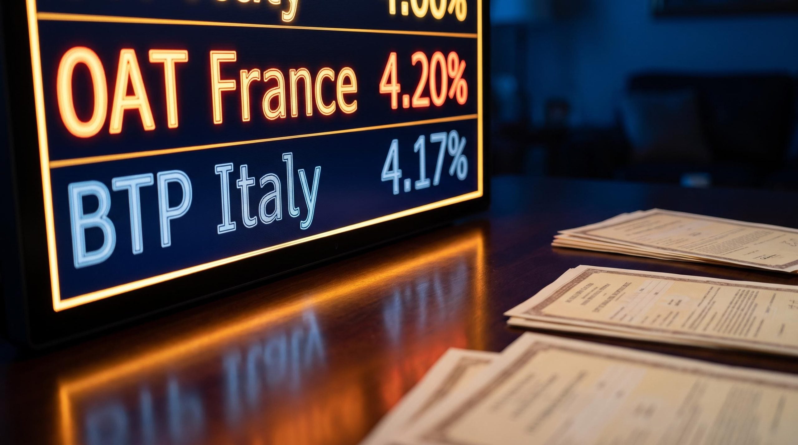 Bond terminal showing France OAT yield above Italy BTP, visualising eurozone sovereign bond yields inversion