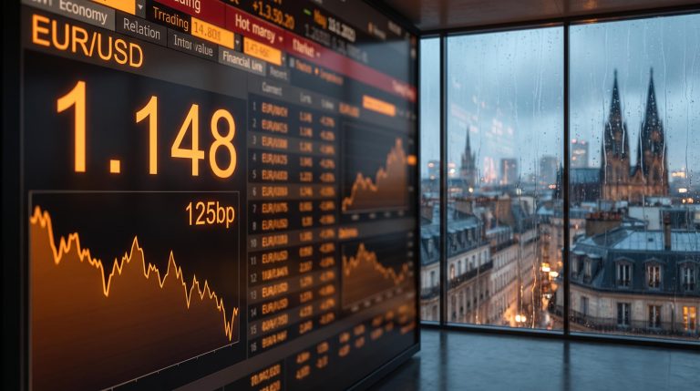 EUR/USD rate at 1.148 on trading terminal with rain-streaked European skyline, signalling euro pressure