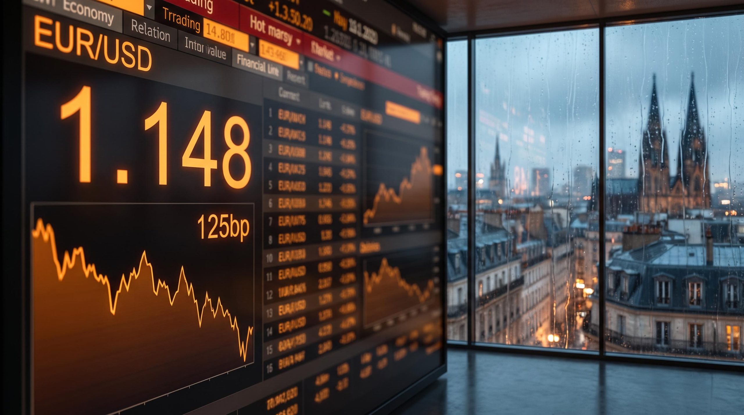 EUR/USD rate at 1.148 on trading terminal with rain-streaked European skyline, signalling euro pressure