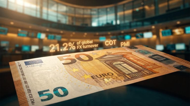 Euro banknote close-up with COT and PMI data overlays illustrating EUR/USD institutional analysis framework