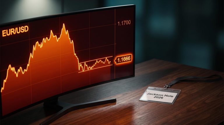 EUR/USD chart rolling back from 1.1700 on trading monitor beside Jackson Hole 2026 lanyard ahead of Warsh keynote