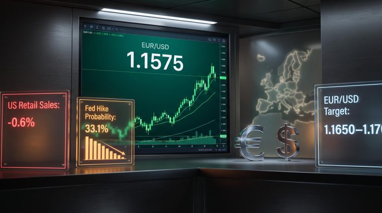 EUR/USD at 1.1575 on FX terminal with US retail sales -0.6% and Fed hike probability 33.1% panels