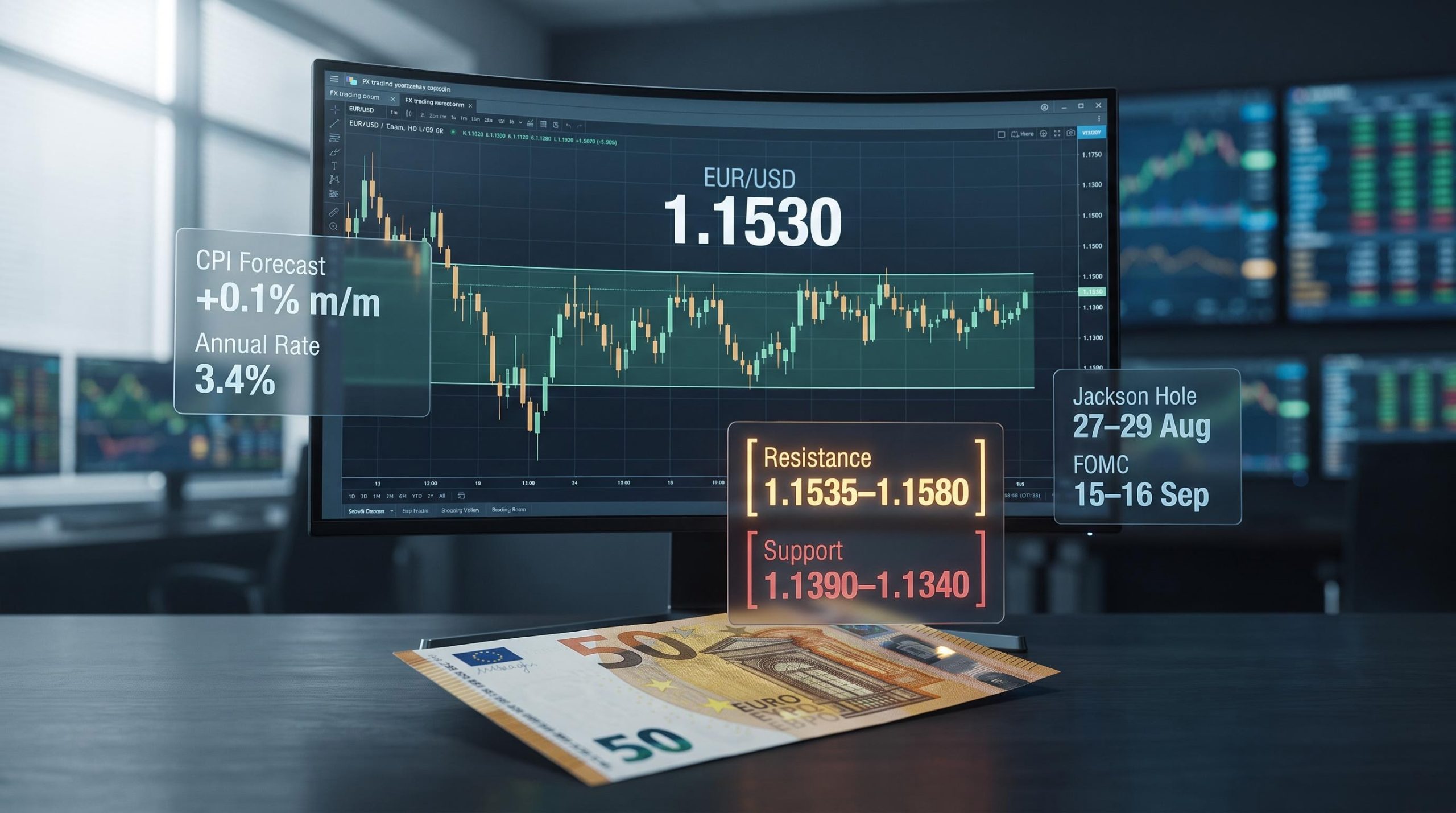EUR/USD rate at 1.1530 on CPI release day with resistance at 1.1580 and Fed sequencing panels on FX screen