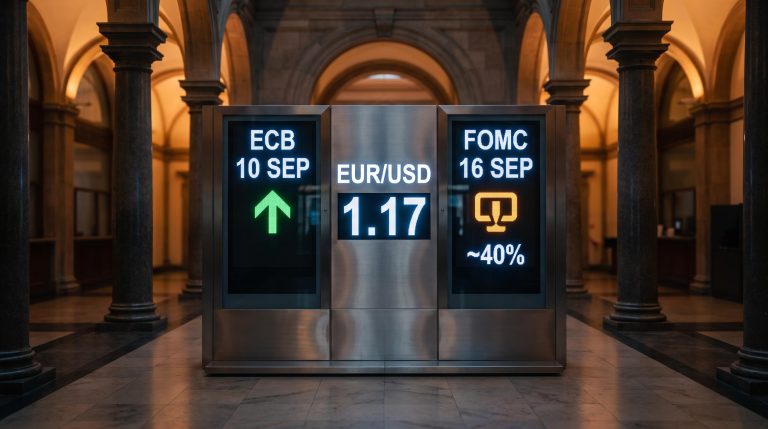 EUR/USD forecast split display showing ECB and FOMC September dates with 1.17 rate as divergence trade takes shape