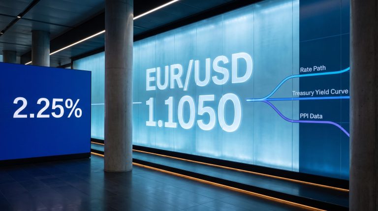 EUR/USD rate display with ECB 2.25% rate signal and converging macro data streams on trading screen wall