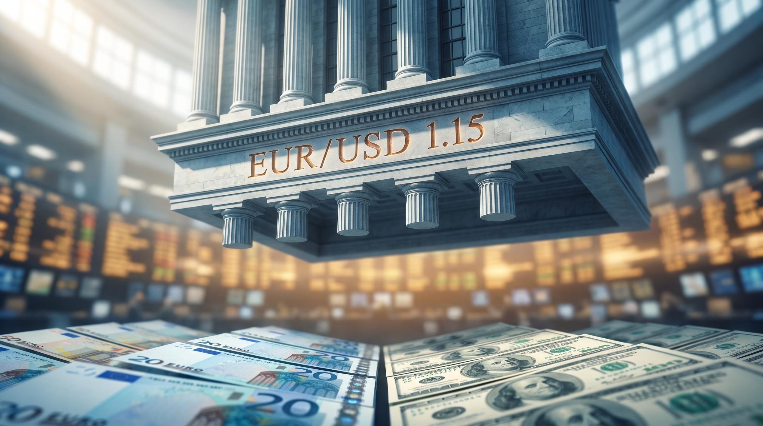 Federal Reserve façade with EUR/USD 1.15 etched in stone above a blurred currency trading floor