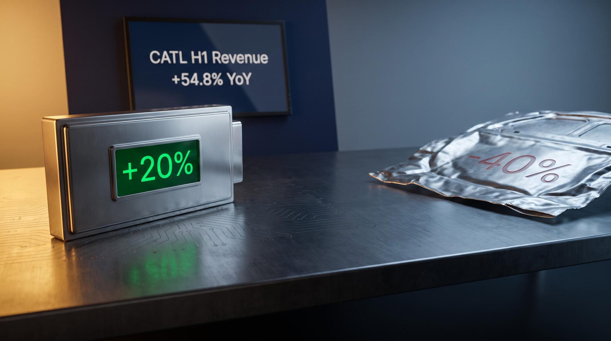 CATL battery module showing +20% gain vs EV assembler stocks down 40%, illustrating EV value chain divergence