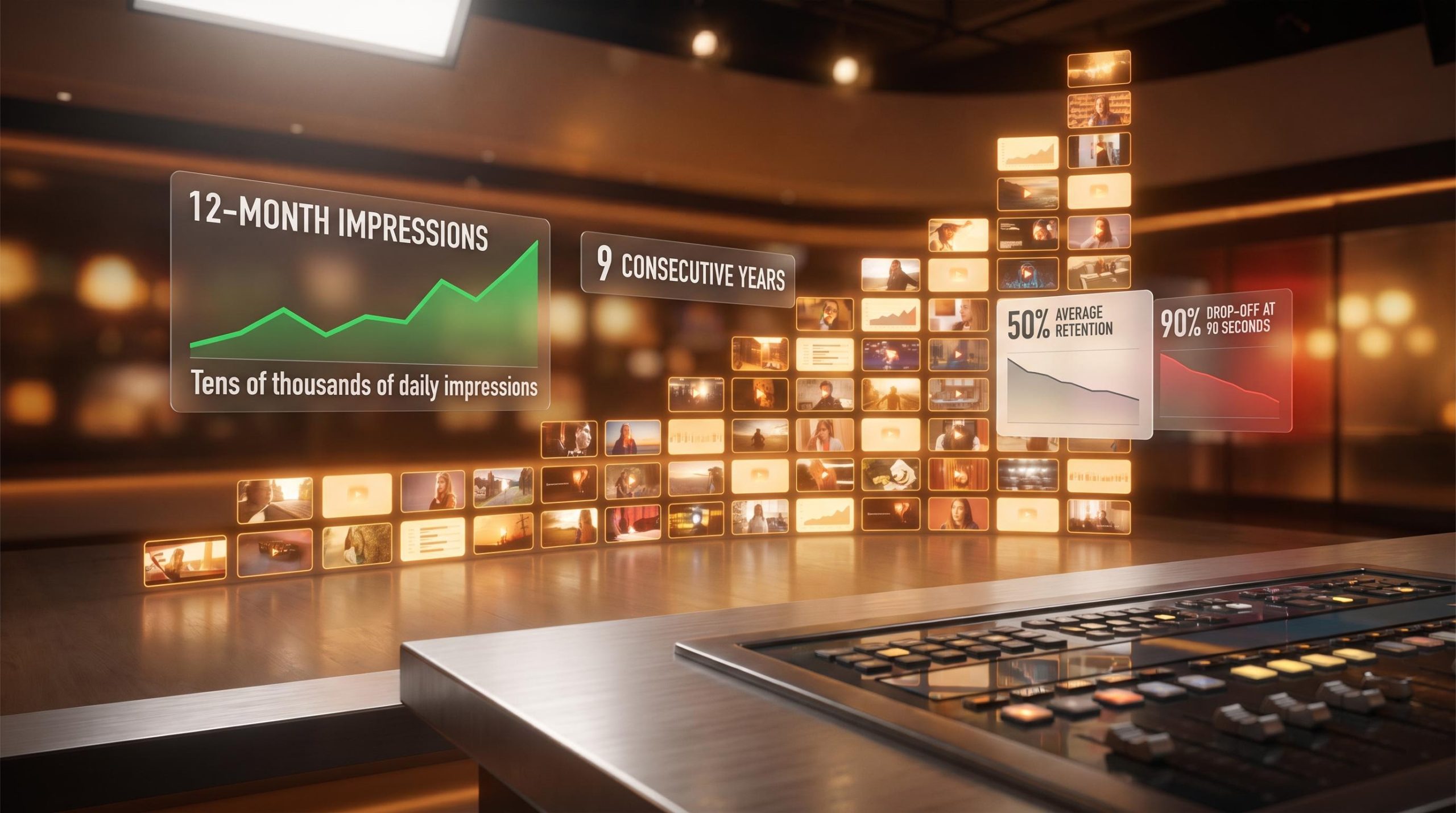 Glowing evergreen video panel library rising in a compound curve with 9-year and 50% retention data overlays