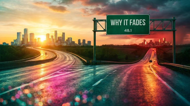 Highway fork under a sign reading WHY IT FADES, showing fading rate hike expectations and stocks splitting two ways