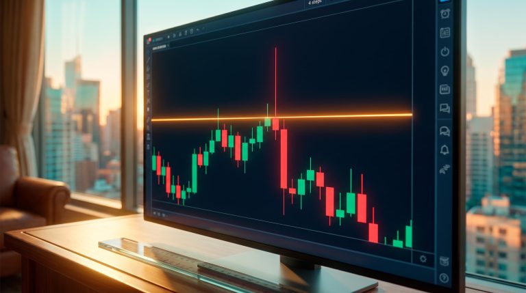 Candlestick chart on a trading monitor showing a long wick piercing resistance then reversing, illustrating failed breakout trading