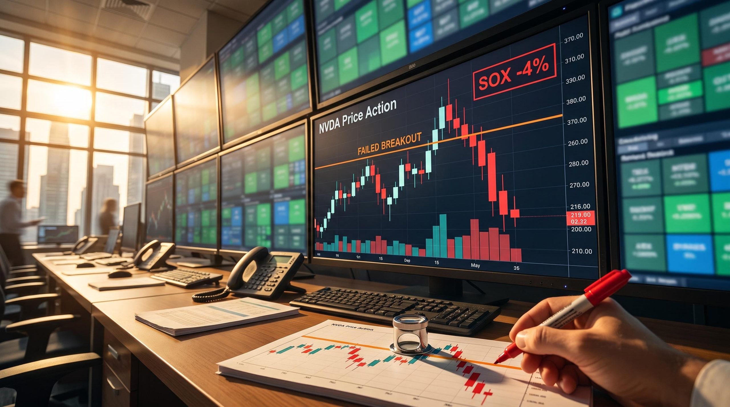 Trading screen showing failed breakouts on Nvidia chart as the SOX semiconductor index falls 4%